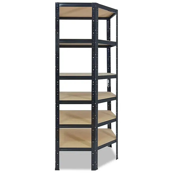 shelfplaza Schwerlastregal BLACK - H x B x T: 180 x 90 x 60 cm, Traglast pro Boden: 175 kg, Stecken, schwarz - Ein blau-schwarzes Metallregal mit sechs Holzregalböden, ideal für Lagerung und Organisation.