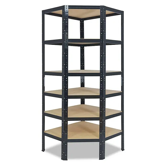 shelfplaza Schwerlastregal BLACK - H x B x T: 180 x 90 x 60 cm, Traglast pro Boden: 175 kg, Stecken, schwarz - Eckregal mit sechs Ablageflächen. Das Regal ist aus Metall gefertigt und hat eine schwarze Oberfläche, die Regalböden sind aus Holz.