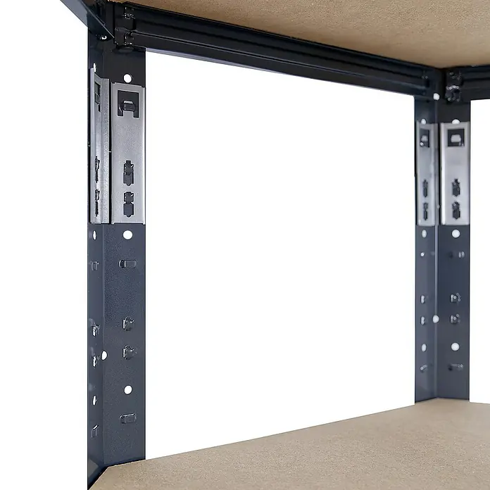 shelfplaza Schwerlastregal BLACK - H x B x T: 180 x 90 x 60 cm, Traglast pro Boden: 175 kg, Stecken, schwarz - Regal mit MDF-Platten und blauem Metallrahmen.