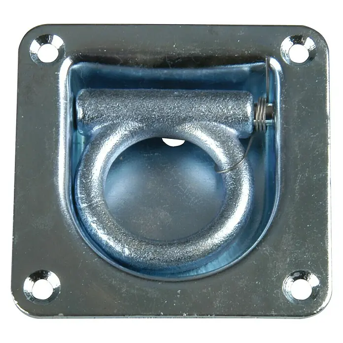 UniTEC Zurrmulde Profi - 105 x 105 mm, Belastbarkeit: 800 kg - Bild einer versenkten Zurröse mit quadratischer Montageplatte. Ideal zur Befestigung in Anhängern, LKW oder Werkstätten.