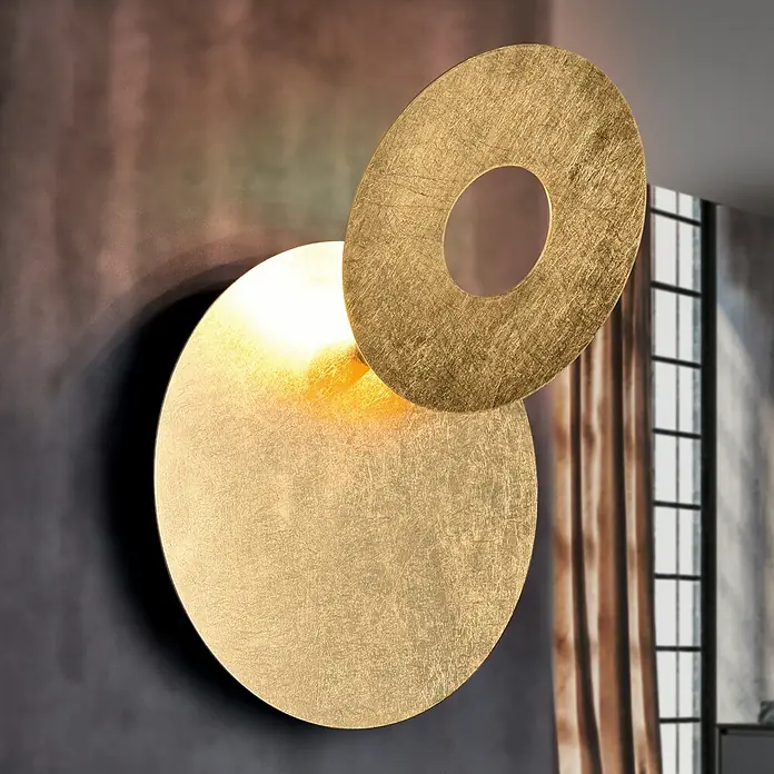Reality Leuchten Wandleuchte rund Leano - Ø x H: 18 x 7,5 cm, Gold - Moderne goldfarbene Wandleuchte mit zwei überlappenden Kreisen, die ein warmes Licht ausstrahlt und eine elegante Atmosphäre schafft.