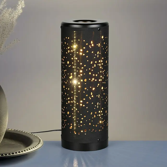 Reality Leuchten Tischleuchte rund Taco - Ø x H: 13 x 34,5 cm, Schwarz - Stimmungsvolle Tischleuchte mit Sternenmuster für eine gemütliche Atmosphäre im Raum, perfekt für Nachttisch oder Wohnzimmer.