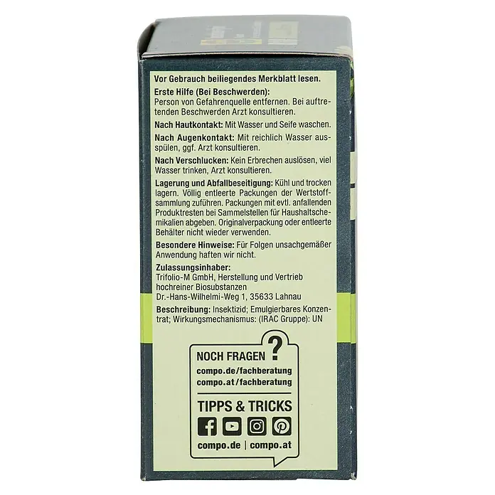 Compo Bio-Insektenschutzmittel Neem - 75 ml - Close-up of the insecticide packaging with safety instructions, first aid and disposal information, plus contact details.