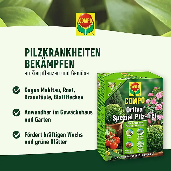 Compo Pilzfrei Spezial Ortiva - 20 ml - COMPO Ortiva Spezial Pilz-frei zur Bekämpfung von Pilzkrankheiten an Zierpflanzen, Rosen und Gemüse für Gewächshaus und Garten.