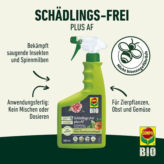 Compo Bio-Schädlingsfrei Plus AF - 500 ml - Schädlingsfrei Plus AF: Bekämpft Schädlinge auf Zierpflanzen, Obst und Gemüse. Anwendungsfertig, kein Mischen erforderlich.