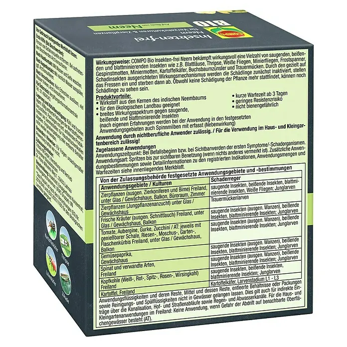 Compo Bio-Insektenschutzmittel Neem - 75 ml - Informationen zu COMPO Bio Insekten-frei Neem, einem wirksamen Insektizid zur Schädlingsbekämpfung im Garten und auf Pflanzen.