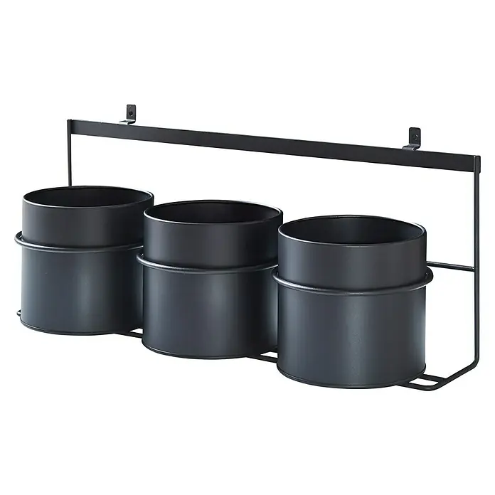 Regalleiste - L x B x H: 13 x 40 x 20,5 cm, Passend für: Akustikpaneele, Montageart: Einhängen - Schwarzes Wandregal mit drei zylindrischen Pflanzgefäßen aus Metall. Ideal für Kräuter oder kleine Pflanzen im Innenbereich.