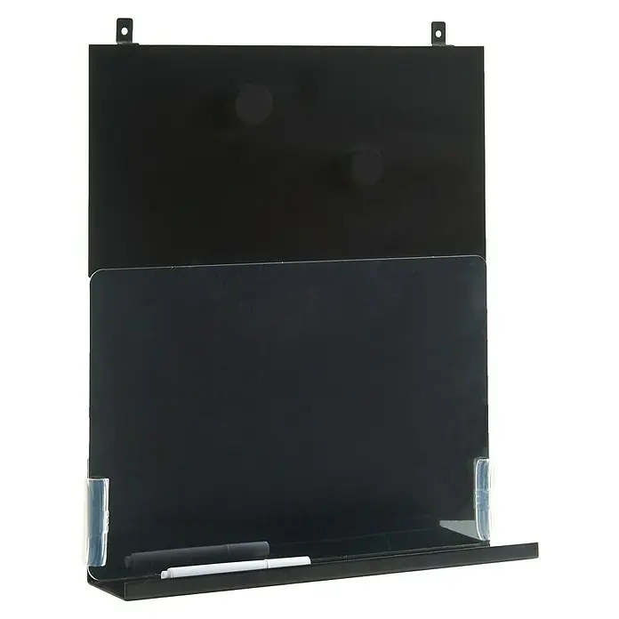Magnettafel - L x B x H: 7 mm x 30 mm x 36,5 cm, Passend für: Akustikpaneele, Montageart: Einhängen - Nahaufnahme einer schwarzen, wandmontierten Whiteboard-Einheit mit Stiften und Montagehalterungen.