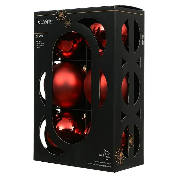 Decoris Weihnachtskugeln - Weihnachtsrot, Glas, Durchmesser: 8 cm, 6 Stk. - Eine schwarze Verpackung roter, glänzender Weihnachtskugeln aus Glas von Decoris, ideal für festliche Dekorationen.