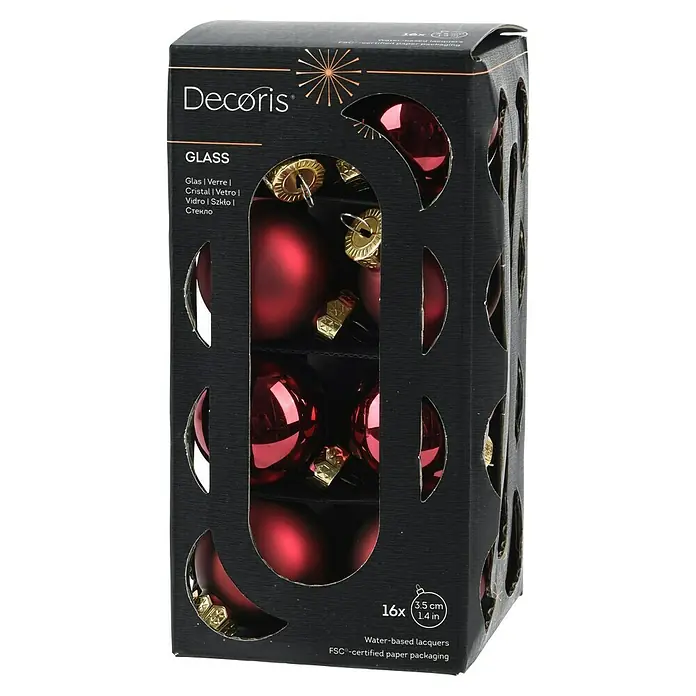 Decoris Weihnachtskugeln - Dunkelrot, Glas, Durchmesser: 6 cm, 16 Stk. - Ein Karton mit 16 roten Christbaumkugeln aus Glas von Decoris, mit goldfarbenen Aufhängern, für eine festliche Dekoration.