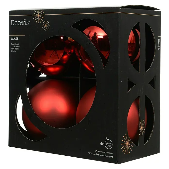 Decoris Weihnachtskugeln - Weihnachtsrot, Glas, Durchmesser: 10 cm, 4 Stk. - Schachtel mit vier roten Weihnachtskugeln aus Glas der Marke Decoris, perfekt für die festliche Dekoration.