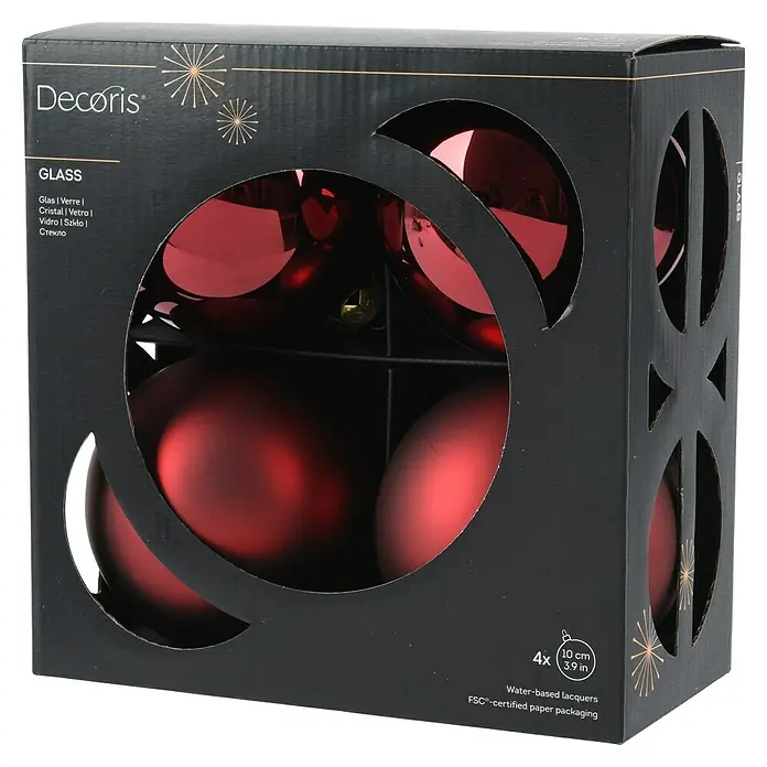 Decoris Weihnachtskugeln - Dunkelrot, Glas, Durchmesser: 10 cm, 4 Stk. - Eine quadratische Verpackung roter Weihnachtskugeln aus Glas von Decoris, ideal für festliche Dekorationen.