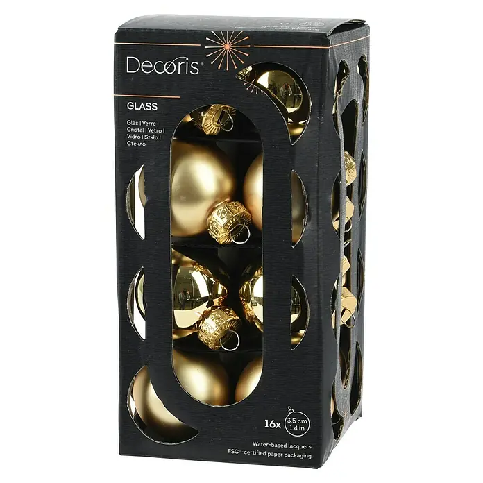 Decoris Weihnachtskugeln - Hellgold, Glas, Durchmesser: 3,5 cm, 16 Stk. - Verpackung mit 16 goldenen Weihnachtskugeln aus Glas, ideal zum Dekorieren des Weihnachtsbaums oder für festliche Dekorationen.