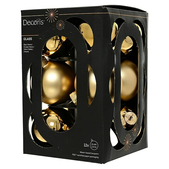 Decoris Weihnachtskugeln - Hellgold, Glas, Durchmesser: 6 cm, 12 Stk. - Eine Packung goldener Weihnachtskugeln aus Glas der Marke Decoris.