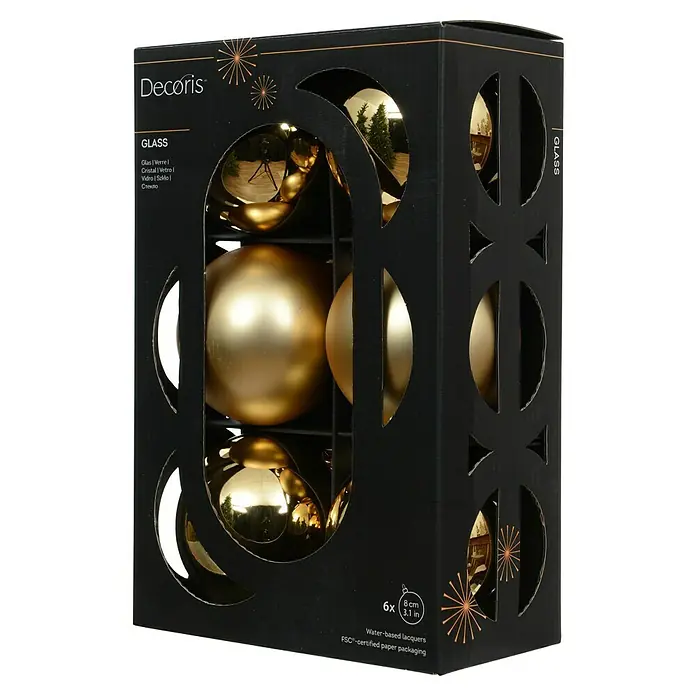 Decoris Weihnachtskugeln - Hellgold, Glas, Durchmesser: 8 cm, 6 Stk. - Verpackung goldener Weihnachtskugeln aus Glas von Decoris, 6 Stück, mit den Maßen 8cm x 3,1in, verpackt in einer FSC-zertifizierten Papierverpackung.
