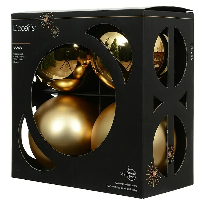 Decoris Weihnachtskugeln - Hellgold, Glas, Durchmesser: 10 cm, 4 Stk. - Eine Packung mit vier goldenen Weihnachtskugeln aus Glas, verpackt in einer schwarzen Schachtel mit Sichtfenstern.