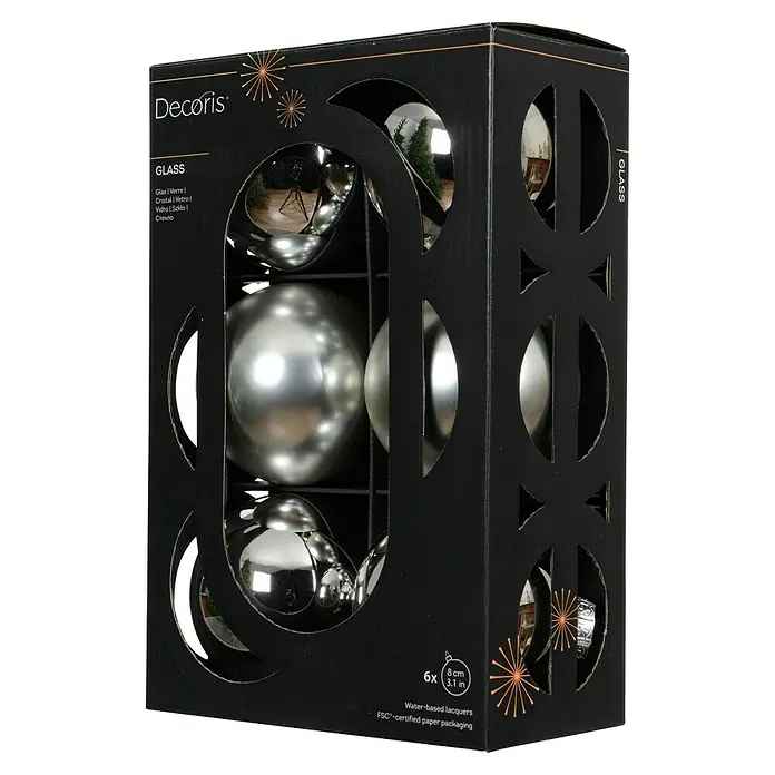 Decoris Weihnachtskugeln - Silber, Glas, Durchmesser: 8 cm, 6 Stk. - Eine Packung silberner Weihnachtskugeln aus Glas der Marke Decoris, ideal für die festliche Dekoration Ihres Weihnachtsbaums.