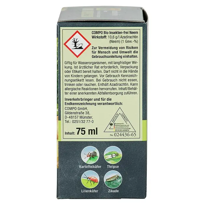 Compo Bio-Insektenschutzmittel Neem - 75 ml - COMPO Bio Insekten-frei Neem mit dem Wirkstoff Azadirachtin zur Schädlingsbekämpfung im Garten.