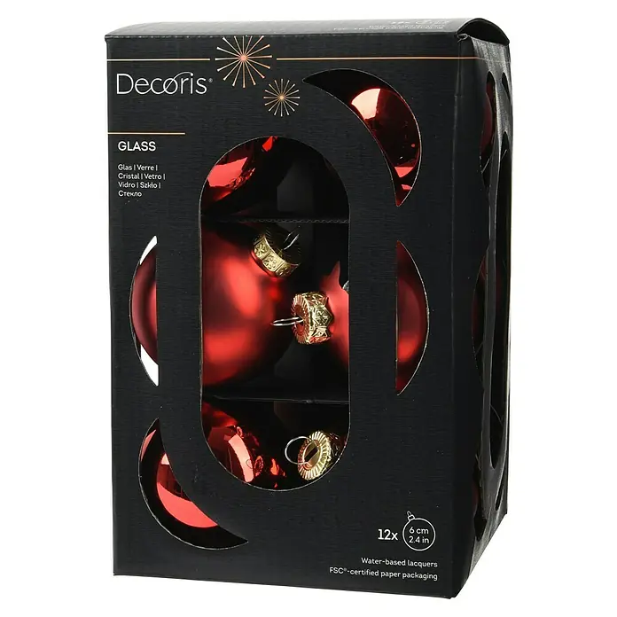 Decoris Weihnachtskugeln - Weihnachtsrot, Glas, Durchmesser: 6 cm, 12 Stk. - Eine Packung roter "Decoris" Christbaumkugeln aus Glas, mit 12 Stück in der Packung und nachhaltiger Papierverpackung.