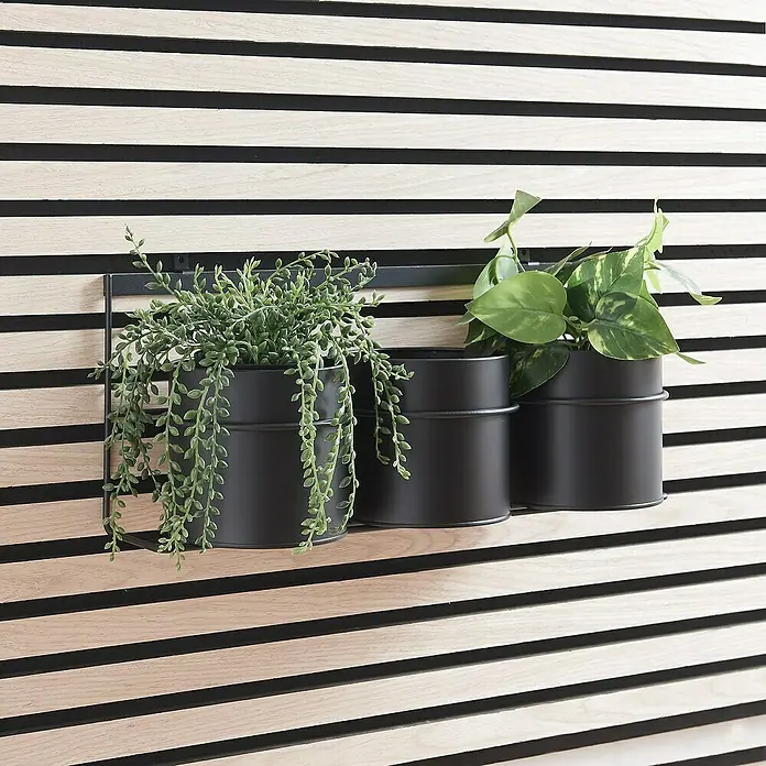 Regalleiste - L x B x H: 13 x 40 x 20,5 cm, Passend für: Akustikpaneele, Montageart: Einhängen - Wandmontierter Pflanzkasten mit drei schwarzen Töpfen und verschiedenen Pflanzen vor einer Wand mit Holzpaneelen.