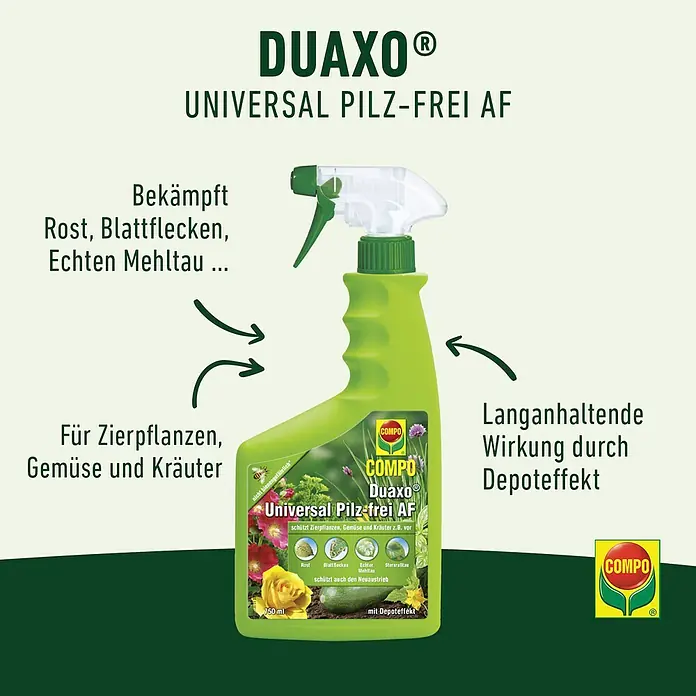 Compo Pilzfrei Duaxo Universal - 750 ml - COMPO Duaxo Universal Pilz-frei AF: Bekämpft Pilzkrankheiten wie Rost, Blattflecken und Mehltau. Für Zierpflanzen, Gemüse und Kräuter geeignet.