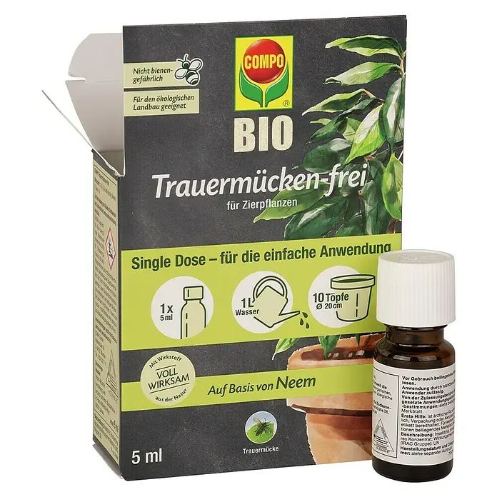 Compo Schädlingsfrei Trauermückenfrei - 5 ml - Produktbild von COMPO BIO Trauermücken-frei für Zierpflanzen. Es ist eine biologische Lösung zur Bekämpfung von Trauermücken auf Neem-Basis.