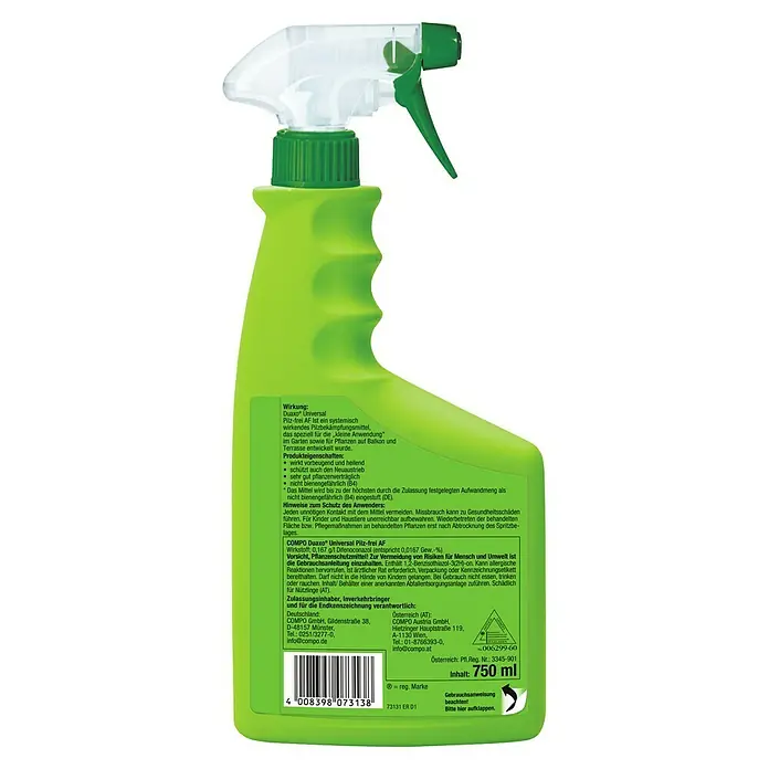 Compo Pilzfrei Duaxo Universal - 750 ml - COMPO Duaxo Universal Pilzfrei AF Sprühflasche. Das Produkt ist ein Fungizid zur Bekämpfung von Pilzkrankheiten an Pflanzen im Garten.