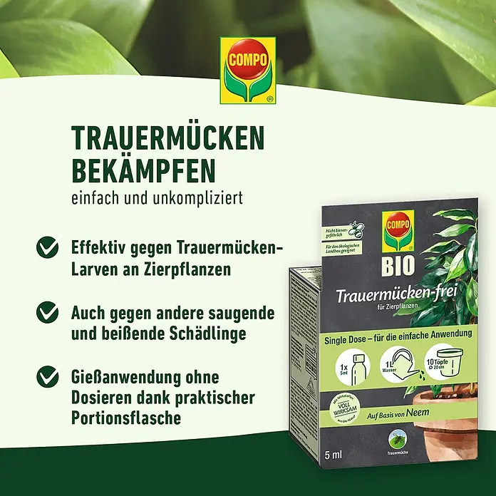 Compo Schädlingsfrei Trauermückenfrei - 5 ml - COMPO Bio Trauermücken-frei für Zierpflanzen. Bekämpft Trauermücken und andere Schädlinge, einfache Anwendung dank Portionsflasche.