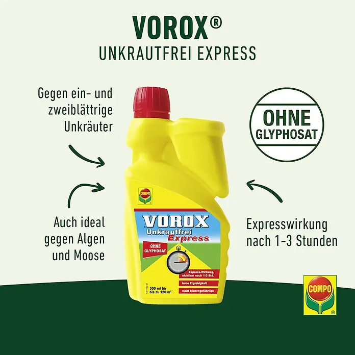 Compo Vorox Unkrautfrei Express - 500 ml - Bild von Vorox Unkrautfrei Express, einem glyphosatfreien Unkrautvernichter, der schnell gegen Unkraut, Algen und Moose wirkt.