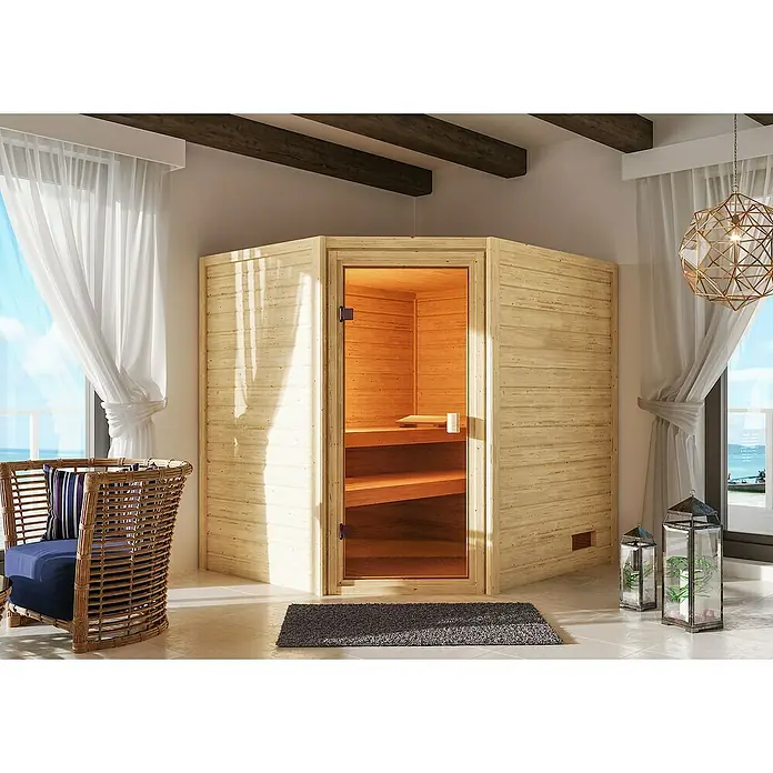 Karibu Massivholzsauna Kolmans - 9 kW Saunaofen mit integrierter Steuerung, L x B x H: 169 x 196 x 187 cm - Einladende Sauna-Ecke mit Holzverkleidung, die Wärme und Entspannung verspricht. Die ideale Ergänzung für Ihr Wellness-Erlebnis zu Hause.