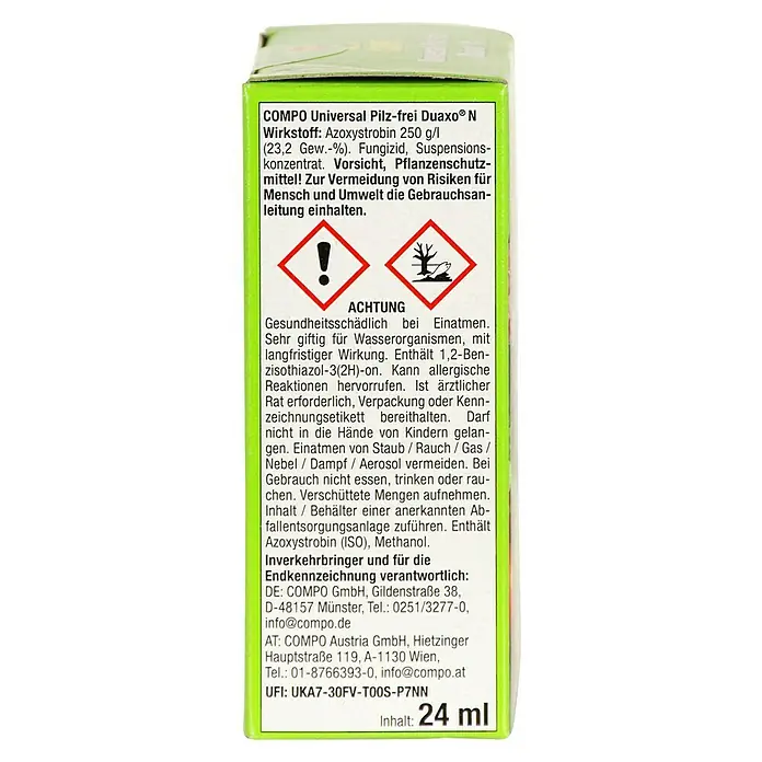 Compo Pilzfrei Duaxo® N Universal - 24 ml - Nahaufnahme der Produktverpackung von COMPO Universal Pilz-frei Duaxo® N, einem Fungizid zur Pflanzenpflege.