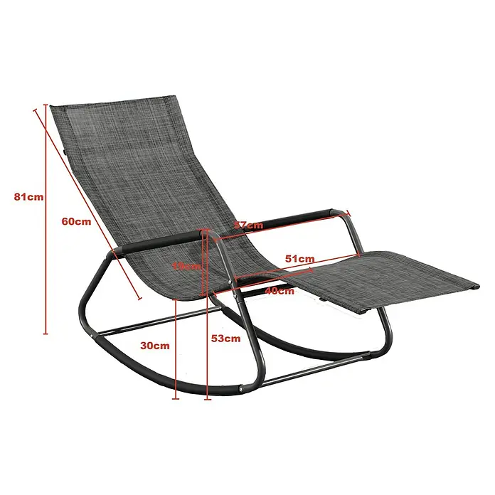 Acamp Gartenliege Rockstar - Stahl, Polyester, Anthrazit - Abbildung eines grauen Schaukelstuhls mit Armlehnen und Fußstütze, ideal zum Entspannen im Garten oder auf der Terrasse.