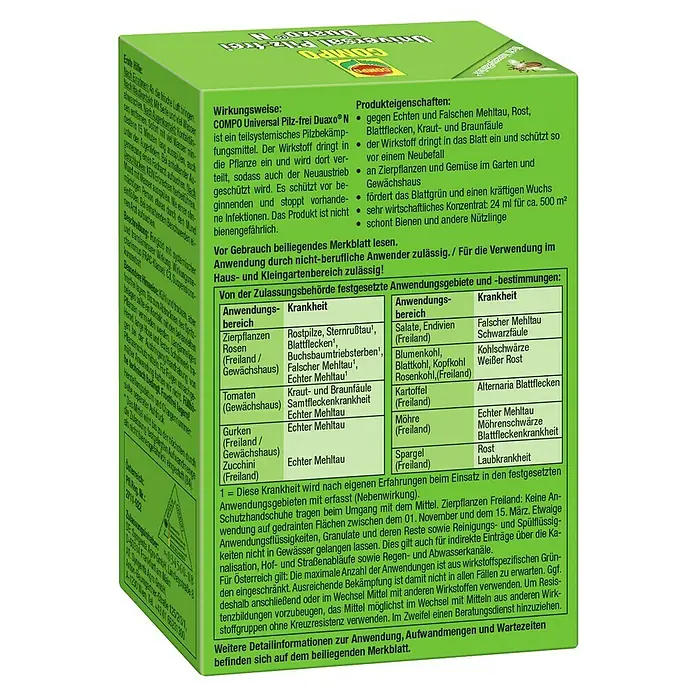 Compo Pilzfrei Duaxo® N Universal - 24 ml - Nahaufnahme der Produktinformationen von COMPO Universal Pilz-frei Duaxo® N, einem Fungizid, mit Anwendungsdetails und Produkteigenschaften.