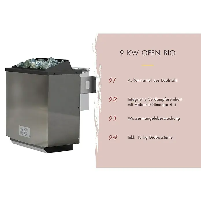 Karibu Fasssauna Rundu - 9 kW Saunaofen mit externer Steuerung, L x B x H: 295 x 225 x 229 cm - Bild eines 9 KW Saunaofens Bio, der mit einem Außenmantel aus Edelstahl und integrierter Verdampfereinheit ausgestattet ist.