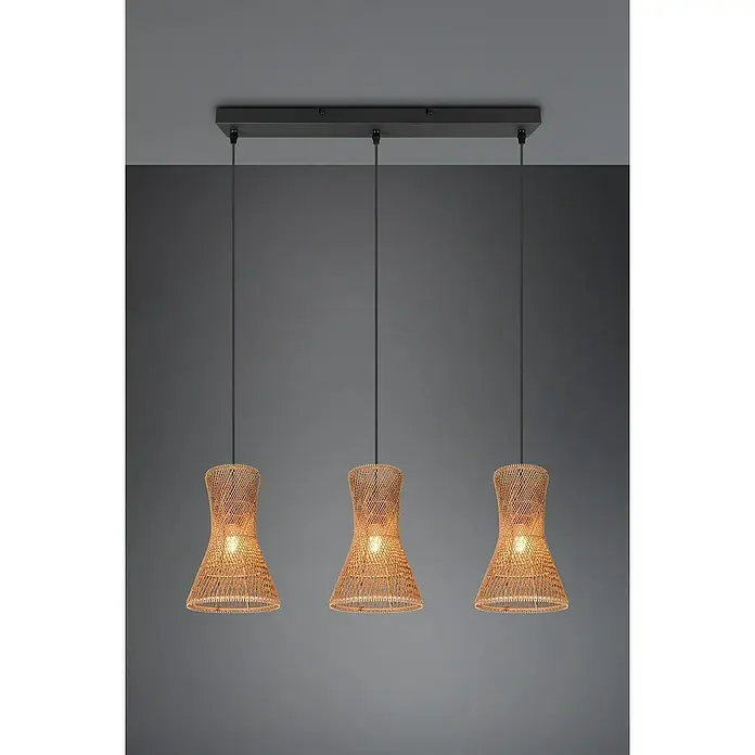 Trio Lighting Lámpara colgante Bijou - 30 W, L x An x Al: 20 x 75 x 150 cm, Marrón, E27, 3 ud. - Una lámpara colgante moderna con tres pantallas de material natural, que irradia una luz cálida y acogedora y crea un ambiente agradable.