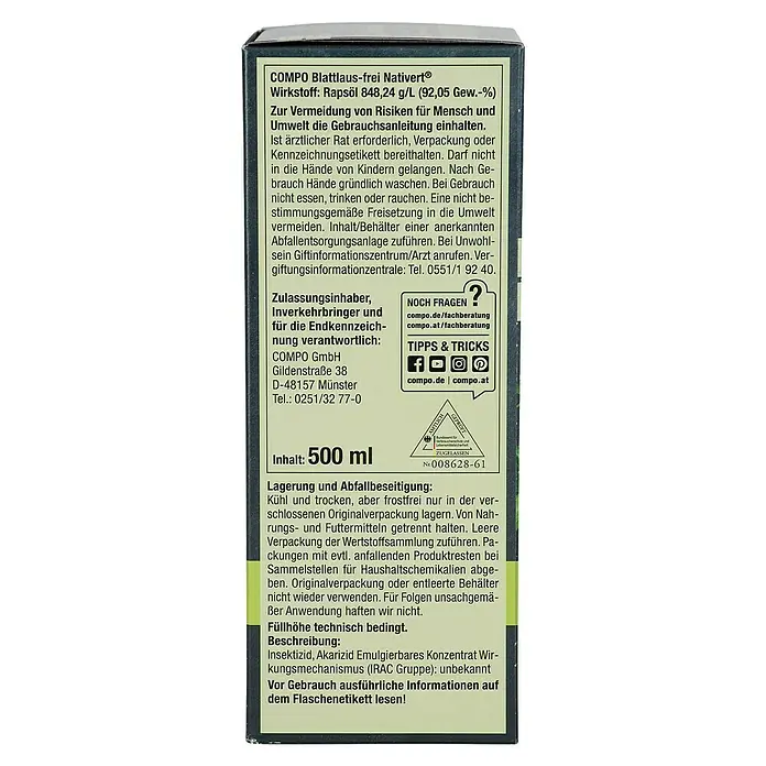 Compo Blattlausfrei Nativert® - 500 ml - Informationen auf einer COMPO Blattlaus-frei Nativert®-Produktverpackung mit Details zu Inhaltsstoffen, Anwendung und Entsorgung.