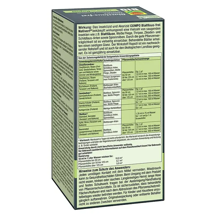 Compo Blattlausfrei Nativert® - 500 ml - COMPO Blattlaus-frei Nativert Schädlingsbekämpfungsmittel mit Anwendungsbereichen, Schadorganismen und Pflanzenhöhen für diverse Kulturen.