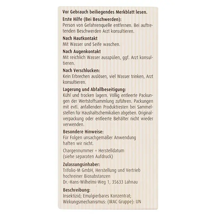 Compo Insektenschutzmittel Buchsbaumzünsler K.O. - 50 ml - Insecticide product label detailing first aid, storage, disposal, and company information for Trifolio-M GmbH, including the product's UN IRAC group.