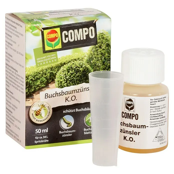 Compo Insektenschutzmittel Buchsbaumzünsler K.O. - 50 ml - COMPO Buchsbaumzünsler K.O. Schädlingsbekämpfungsmittel mit Messbecher und Flasche zur Bekämpfung von Buchsbaumzünslern.