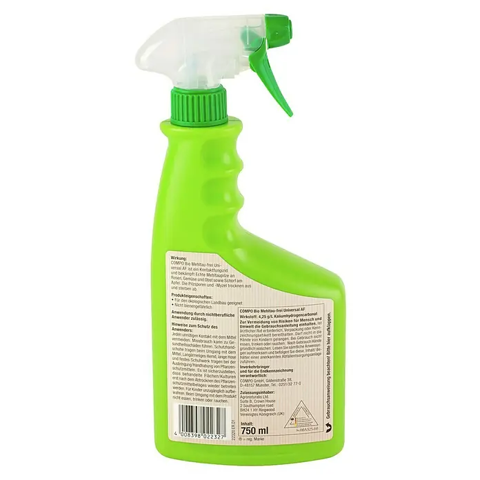 Compo Pilzfrei Bio Universal Mehltaufrei AF - 750 ml - Grüne Sprühflasche COMPO Bio Mehltau-frei Universal AF, ein Fungizid zur Bekämpfung von Mehltau und Schorf an Pflanzen.