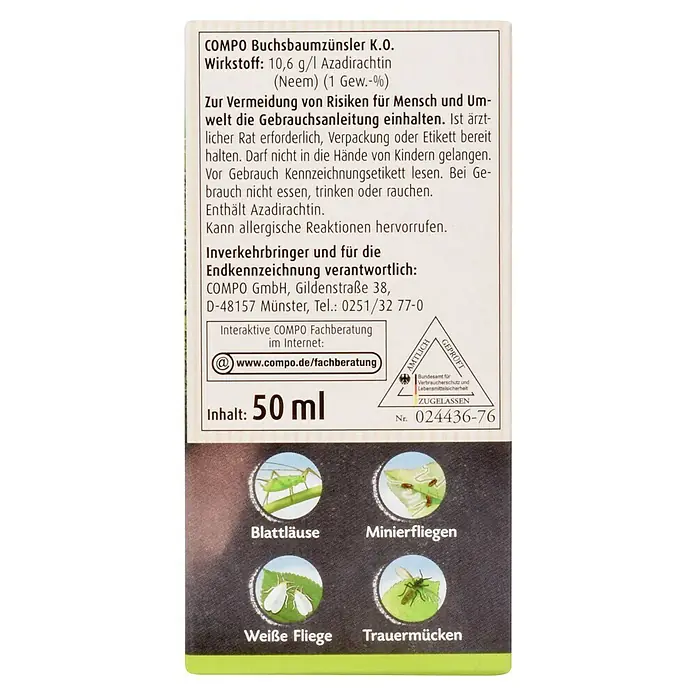 Compo Insektenschutzmittel Buchsbaumzünsler K.O. - 50 ml - COMPO Buchsbaumzünsler K.O. Pflanzenschutzmittel mit Inhaltsangabe, Gefahrenhinweisen und Bildern von Blattläusen, Minierfliegen, Weißen Fliegen und Trauermücken.