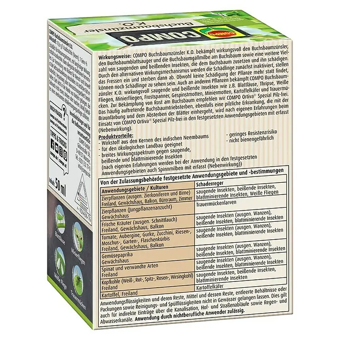 Compo Insektenschutzmittel Buchsbaumzünsler K.O. - 50 ml - COMPO Buchsbaumzünsler K.O. Schädlingsbekämpfungsmittel zur wirkungsvollen Bekämpfung von Schädlingen an Zierpflanzen und Gemüse.