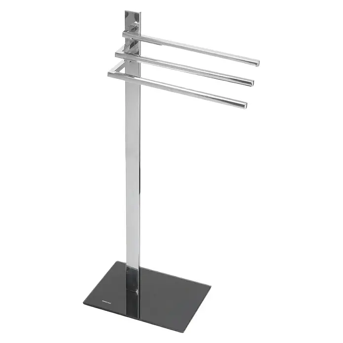 Bath Stage Toallero de barra B-471 - L x An x Al: 21 x 42 x 80 cm, Metal, Cromo y negro - Toallero de pie con tres brazos de cromo brillante y base negra para baño o aseo de invitados.