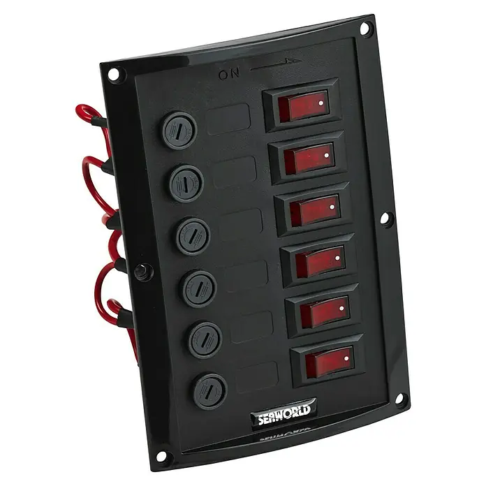 Talamex Schalttafel - 12 V, 6 Schalter mit indirekter Beleuchtung - Schwarzes Seaworld-Schaltpanel mit sechs Schaltern und Sicherungen für Boote, perfekt für die Steuerung verschiedener Geräte an Bord.