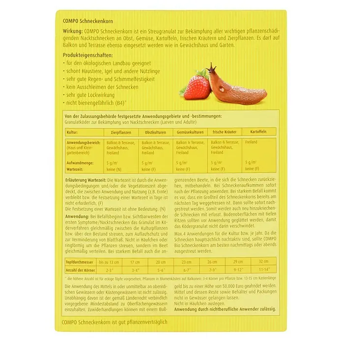 Compo Schneckenkorn - 550 g - COMPO Schneckenkorn: Streugranulat zur Bekämpfung von Nacktschnecken im Garten und Gewächshaus. Für ökologischen Landbau geeignet.