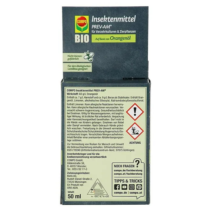 Compo Insektenschutz PREV-AM® - 50 ml - COMPO Insektenmittel PREV-AM® mit Orangenöl zur Bekämpfung von Schädlingen an Verzehrkulturen und Zierpflanzen. Bio-Produkt für den ökologischen Landbau.