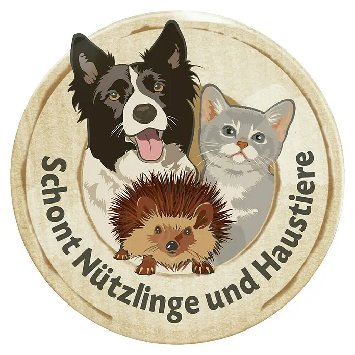 Compo Schneckenkorn - 550 g - Abbildung eines Logos mit einem Hund, einer Katze und einem Igel, umgeben von dem Text "Schont Nützlinge und Haustiere".