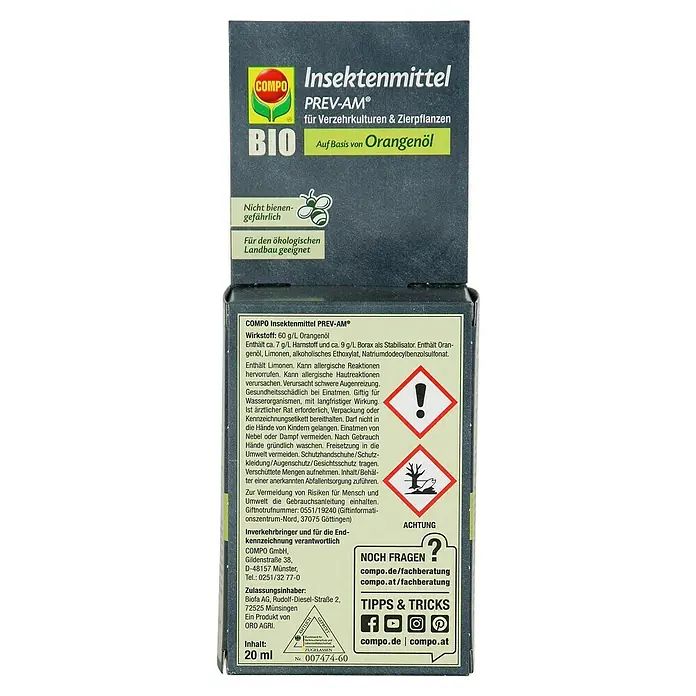 Compo Insektenschutz PREV-AM® - 20 ml - Etikett der COMPO PREV-AM® Insektizidflasche. Enthält Informationen zu Inhaltsstoffen, Anwendung und Sicherheitsvorkehrungen des Produkts.