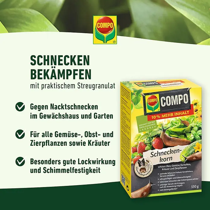 Compo Schneckenkorn - 550 g - COMPO Schneckenkorn: Bekämpft Schnecken im Garten und Gewächshaus. Für Gemüse, Obst und Zierpflanzen. Mit guter Lockwirkung und Schimmelfestigkeit.