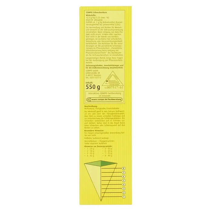 Compo Schneckenkorn - 550 g - Nahaufnahme der COMPO Schneckenkorn-Produktverpackung, die Informationen zu Inhaltsstoffen und Dosierung enthält.